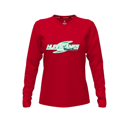 [CUS-DFW-TEES-CMF-VNK-LSL-RED-FYXS-LOGO1] Comfort T-Shirt (Female Youth XS, Red, V Neck, Logo 1, Long Sleeve)